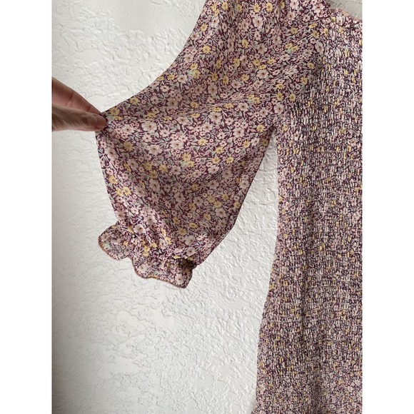 Dress Forum Boho Pink Floral Mini Dress Shirred Ruched Ruffle Bodycon Womens M - Picture 3 of 5